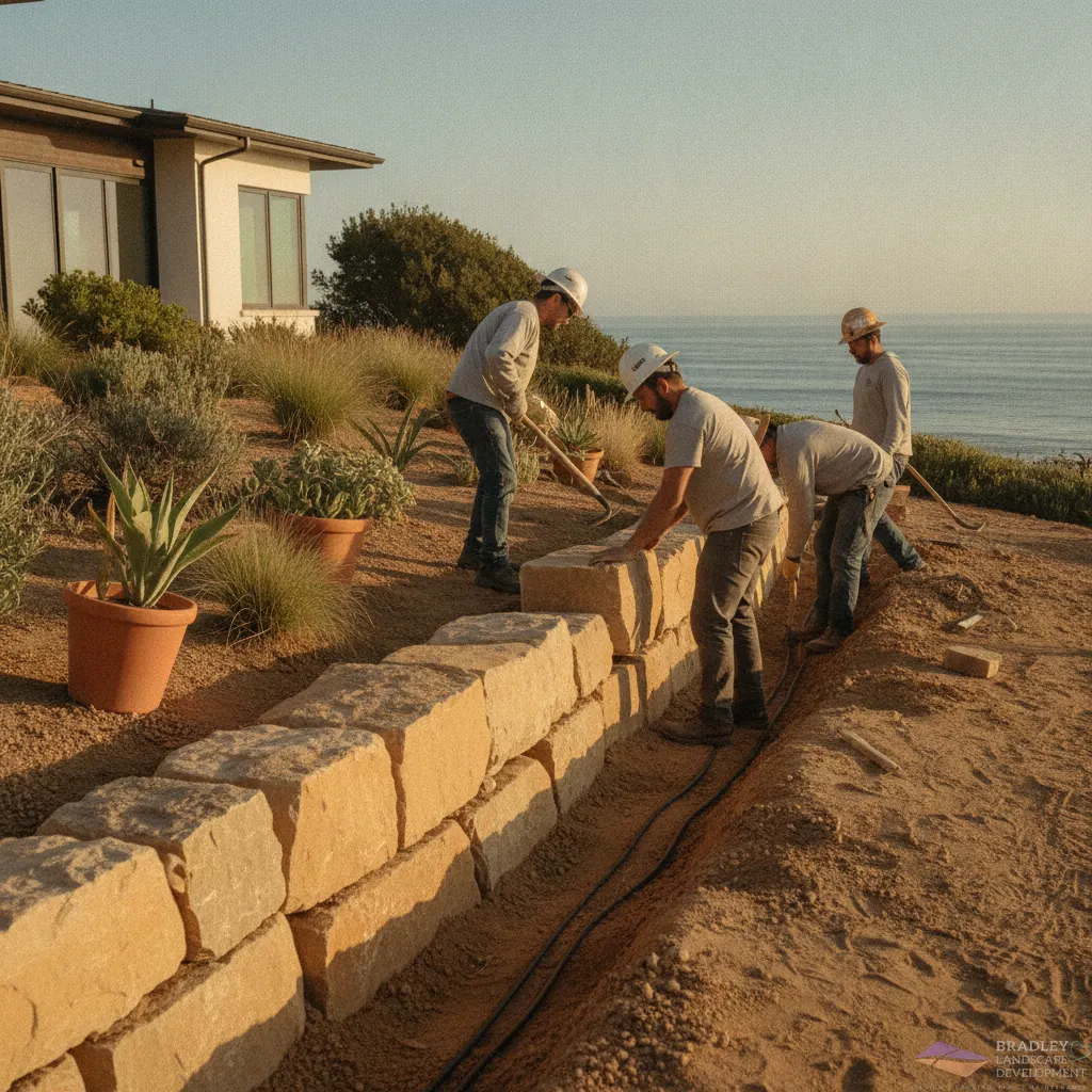 Bradley Landscape construction crew installing a natural stone wall at a coastal estate